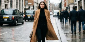 A street style photograph of a woman walking briskly on a wet cobblestone street in London. She wears a long, structured camel wool coat open over a black turtleneck and black skinny jeans, carrying a brown leather bag. A black taxi and pedestrians are in the background on an overcast day.