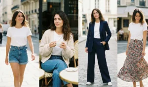 A four-panel grid photograph showing different ways to wear a white t-shirt: tucked into high-waisted denim shorts, layered under a chunky cardigan at a cafe, worn under a navy suit, and tied at the waist with a flowing floral maxi skirt.