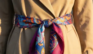 Close-up fashion detail showing a vibrant, colorful patterned silk scarf tied as a belt around the waist of a beige trench coat in sunlight. Title: Creative Styling: Colorful Silk Scarf Tied as a Trench Coat Belt.