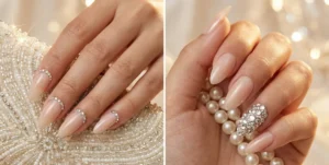 A split-screen image of glamorous crystal almond nails. The left panel has nails with rhinestones along the cuticle, and the right panel features one accent nail fully covered in crystals.