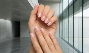 Square-shaped nails featuring a negative space French manicure, where only the outline of the tip is painted in pastel pink, leaving the rest of the nail bare and glossy against a modern concrete background.