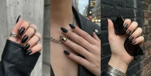 A three-panel split-screen of black almond nails. The left has glossy jet black, the center has matte black with a gold accent, and the right shows sheer black tint nails.
