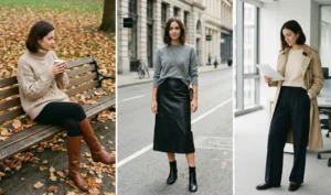 A three-panel photo collage of women wearing neutral knit sweaters: a chunky beige cable-knit sweater with leggings on a park bench, a grey crewneck sweater with a black leather midi skirt in the city, and a cream cashmere sweater layered under a trench coat in an office setting.