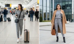 A split-screen photo of a grey knit matching top and pants set: worn casually with sneakers and a suitcase at an airport on the left, and dressed up with a long camel coat and boots outside an office on the right.