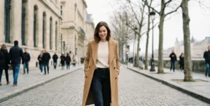 A candid photograph of a smiling woman walking down a European cobblestone street in winter, wearing a camel wool coat, cream sweater, and jeans.