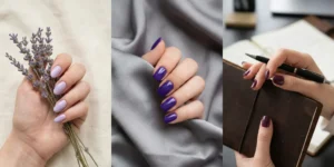 A three-panel photo of hands with purple nails: left, lilac nails holding dried lavender stems; center, dark purple nails on grey silk fabric; right, deep plum nails holding a leather notebook and pen.