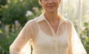 A backlit close-up photograph of a smiling woman in a garden, wearing a translucent cream-colored organza blouse layered over a white camisole, accessorized with pearl earrings and a delicate gold necklace.