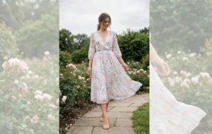 A woman in a flowy pastel floral dress and nude heels walking along a stone path in a lush rose garden under an overcast sky.