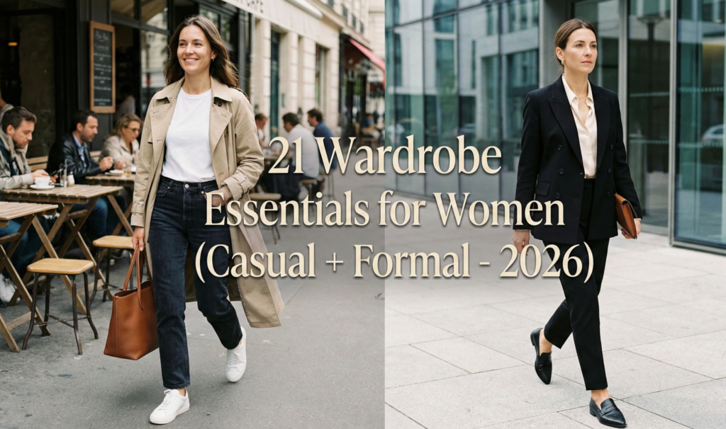 "A split-screen street style banner image. The left side features a woman in a casual trench coat and denim outfit walking by a cafe. The right side shows a woman in a formal black suit walking outside a modern office. Overlay text reads: '21 Wardrobe Essentials for Women (Casual + Formal - 2026)'."