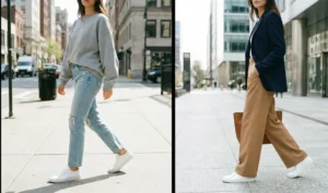A split-frame street style photograph showing clean white minimal sneakers: worn casually with light-wash jeans and a grey sweatshirt on the left, and paired with wide-leg camel tailored trousers and a navy blazer on the right.