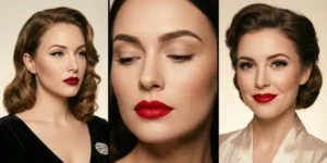 A triptych photograph of three women modeling classic Hollywood makeup, featuring retro waves, sharp winged eyeliner, and deep crimson red lips.