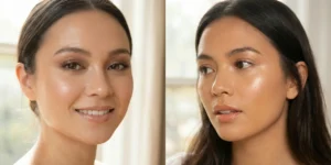 A diptych of two women showcasing soft glam makeup with dewy skin, subtle brown eyeshadow, and high-shine glossy nude lips in natural light.