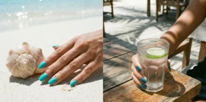 A two-panel photo of hands with blue-green nails: left, bright turquoise nails next to a seashell on white beach sand; right, deep teal nails holding a glass of water on a wooden table outdoors.