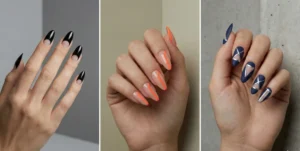 A three-panel collage of modern cut-out almond nails. The left shows a negative space half-moon design, the center has a side cut-out with a colored outline, and the right shows geometric cut-out patterns.