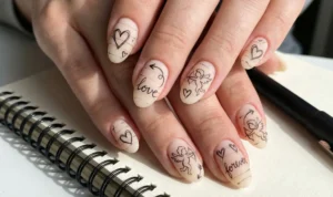 Oval nails with a matte nude base resembling notebook paper, featuring black ink-style doodles of hearts, cupids, arrows, and script reading "love" and "forever," resting on a sketchbook.
