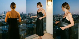 A three-panel photo collage showing a woman in a black slip dress holding a clutch on a balcony overlooking a city skyline at dusk.