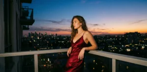 A woman with her hair tied back sits at a wooden table next to a large window in a cafe, looking outside.