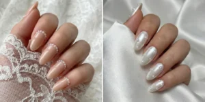 A photorealistic collage of two pearl almond nail designs. The left image shows nude nails with tiny pearls near the cuticle on lace, and the right shows scattered pearls on a pearlescent base on satin.