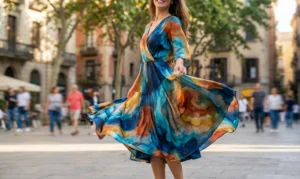 An expressive photo of a woman smiling as she spins, causing her midi dress with a bold blue and orange watercolor pattern to flare out dynamically in a blurred European city square.