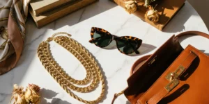 A high-resolution overhead flat-lay shot on a marble table featuring chunky gold chain necklaces, tortoiseshell cat-eye sunglasses, and a structured brown leather handbag, with sunlight casting distinct shadows.