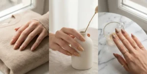 A three-panel photo of elegant hands with neutral nails: left, glossy nude nails on a beige cashmere sweater; center, matte beige nails holding a minimalist vase; right, taupe nails wearing gold rings on a marble table.