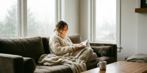 A cozy shot of a woman in a chunky cream knit sweater reading a book on a velvet sofa next to a window streaked with rain.