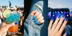 A three-panel photo of hands with blue nails: left, holding a blue cocktail at an outdoor festival; center, neon blue nails resting on denim fabric; right, electric blue nails against blurred concert stage lights.