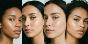 A quadriptych of four diverse women demonstrating highly hydrated, reflective, mirror-like "glass skin" makeup in natural light.