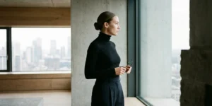 A sophisticated profile shot of a woman with sleek tied-back hair, wearing a black turtleneck and high-waisted trousers, holding glasses and looking out a large window in a modern concrete architectural building overlooking a city skyline