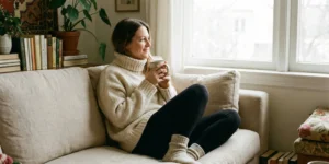 A candid photo of a smiling woman relaxing on a beige sofa in a cozy living room, wearing a chunky cream turtleneck and wool socks, holding a mug and looking out a window.