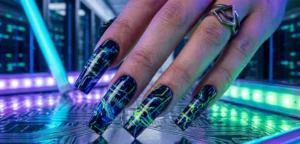 A hand with long square nails displaying futuristic "digital glitch" art. The design features pixelated abstract lines in neon electric blue and lime green on a dark base, set against a cool, reflective cyberpunk background with circuit board patterns and neon lighting.