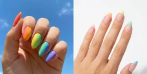 A horizontal collage of two rainbow almond nail designs. The left shows a gradient rainbow across all fingers against a blue sky, and the right shows pastel rainbow French tips on a white background.