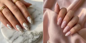 A split-screen image showing two marble almond nail designs. The left panel has white and grey marble with gold foil accents on a stone surface, and the right panel has a soft pink and white quartz marble design on silk fabric.