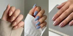 A three-panel split-screen of striped almond nails. The left has vertical gold stripes on nude, the middle has nautical blue and white stripes, and the right has a minimalist horizontal line.
