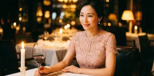 An elegant Asian woman sitting at a candlelit table in a dimly lit upscale restaurant, wearing a pink lace dress and smiling gently, with a glass of red wine nearby.