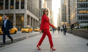A confident woman wearing a vibrant red pantsuit and sunglasses, walking purposefully across a busy city street surrounded by skyscrapers and yellow taxis.