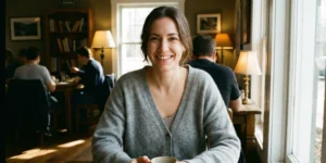 A portrait of a smiling woman wearing a grey knit cardigan, sitting at a wooden table with a mug in a cozy cafe.