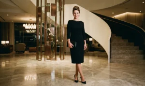A sophisticated woman standing confidently in a luxurious modern hotel lobby, wearing a fitted black sheath dress and heels, holding a clutch bag.