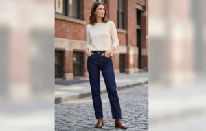 Full-body street style photograph of a woman standing on cobblestones, wearing dark straight-leg jeans, a cream sweater, and brown ankle boots.