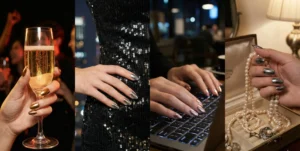 A four-panel photo of hands with metallic nails: far left, gold nails holding a champagne flute; center left, silver nails on a sequined dress; center right, rose gold nails typing on a laptop; far right, dark metallic nails holding pearl necklaces.