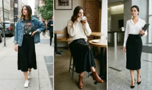 A three-panel photograph showing different black midi skirts: a pleated skirt worn with a graphic tee and denim jacket on the street, a satin skirt paired with a chunky knit sweater in a cafe, and a structured pencil skirt worn with a white blouse in an office.