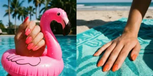 A two-panel bright sunny photo of hands: left, bright pink-coral nails holding a pink flamingo float in a swimming pool; right, orange-coral nails resting on a teal beach towel on the sand.