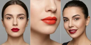 A three-panel collage focusing on bold red lips, featuring close-ups of women wearing matte ruby red, satin orange-red, and deep cool-toned red lipsticks.