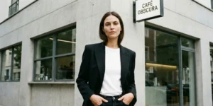 A medium shot of a confident woman with her hands in her pockets, wearing a tailored black blazer over a white t-shirt and dark jeans, standing outside a minimalist concrete cafe named CAFÉ OBSCURA