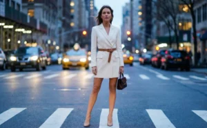 A woman in a white blazer dress and a brown belt stands in the middle of a city street.