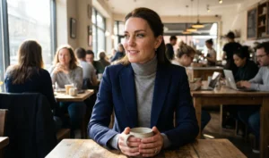 Natural photo of a woman with a navy blazer and grey turtleneck, holding a ceramic cup in a busy, warm-lit cafe.