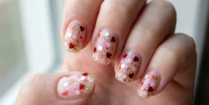 A festive close-up of nails with a clear base, covered in a chaotic scattering of tiny confetti including red hearts, pink dots, white hexagons, and gold specks.