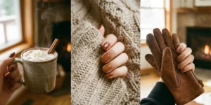 A three-panel cozy photo of hands with brown nails: left, chocolate brown nails holding a mug of hot cocoa; center, caramel nails on a beige knit blanket; right, mocha brown nails holding leather gloves.