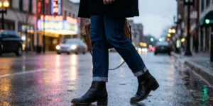 A street style photograph focusing on a woman's feet from the waist down, wearing simple black leather ankle boots and cuffed blue jeans, walking on wet asphalt reflecting urban city lights at dusk.