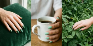 A three-panel photo of hands with green nails: left, emerald green nails on a velvet cushion; center, mint green nails holding a white coffee mug; right, forest green nails touching leaves in a garden.